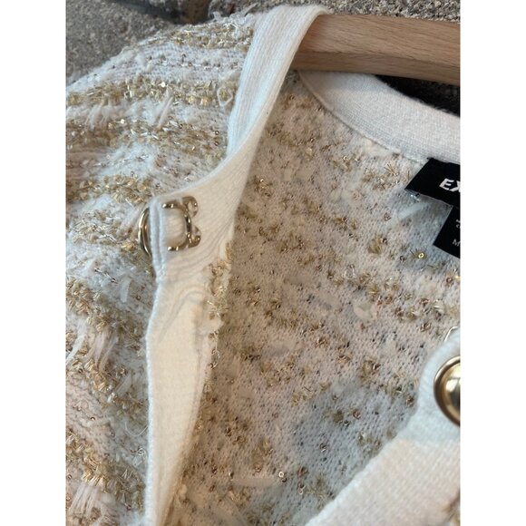 Gold Button Front Striped Bouclé Cardigan Sweater For Women - Express Size S Whi - Picture 13 of 13